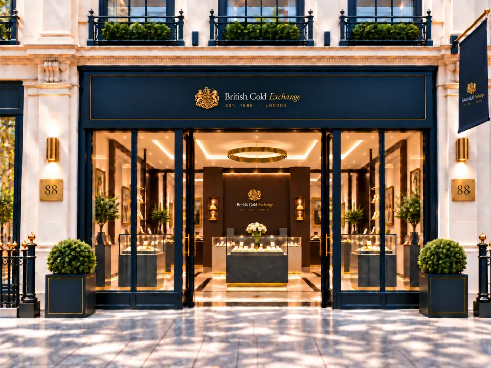 The British Gold Exchange shopfront: a navy fascia with the crest and name above glass doors into a lit jewellery showroom